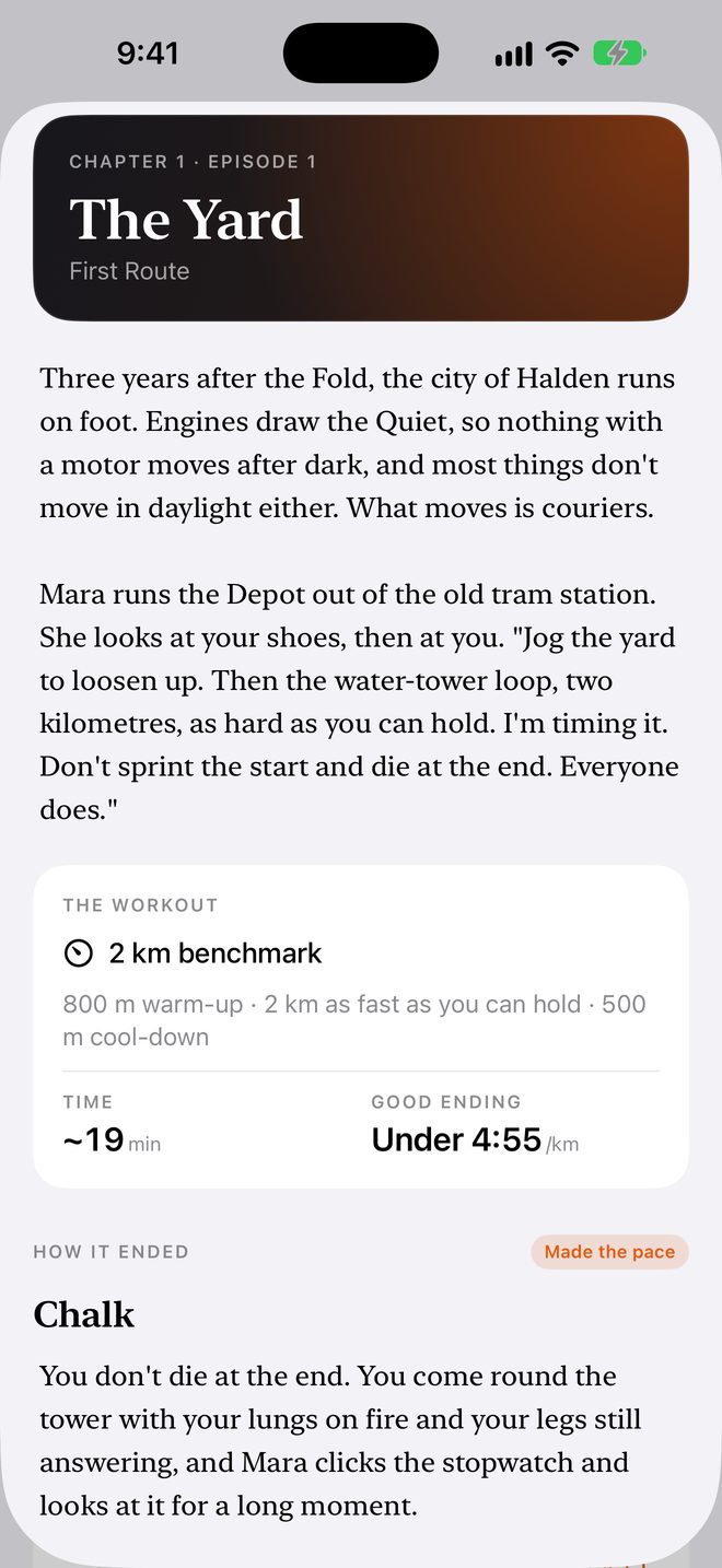 Chapter 1, Episode 1, The Yard: the briefing, and the workout, a 2 km benchmark.