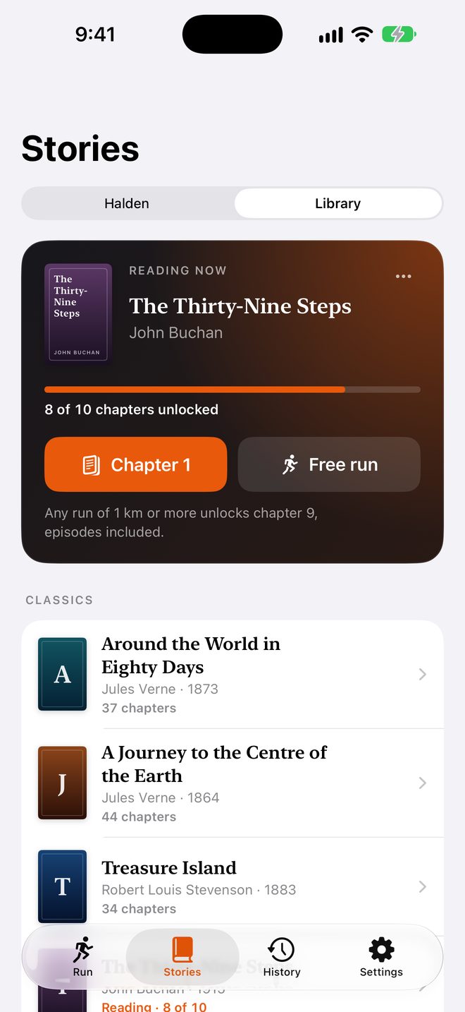 The library: reading The Thirty-Nine Steps, 8 of 10 chapters unlocked, and the list of classics.